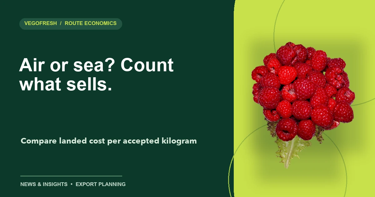 VegoFresh title card reading Air or sea? Count what sells, with raspberry and lettuce cutouts