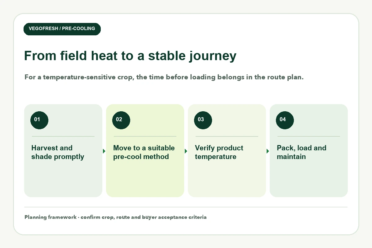 Four-card pre-cooling sequence: harvest and shade, select a suitable pre-cooling method, verify product temperature, then pack, load and maintain