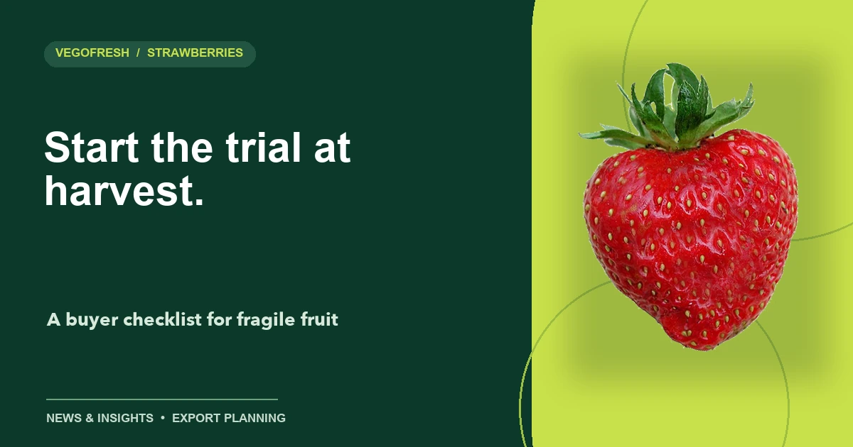 VegoFresh title card reading Start the trial at harvest, with a strawberry cutout