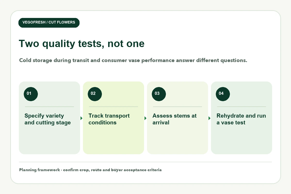 Four-step cut-flower trial framework: specify variety, track transit, assess arrival and test vase performance