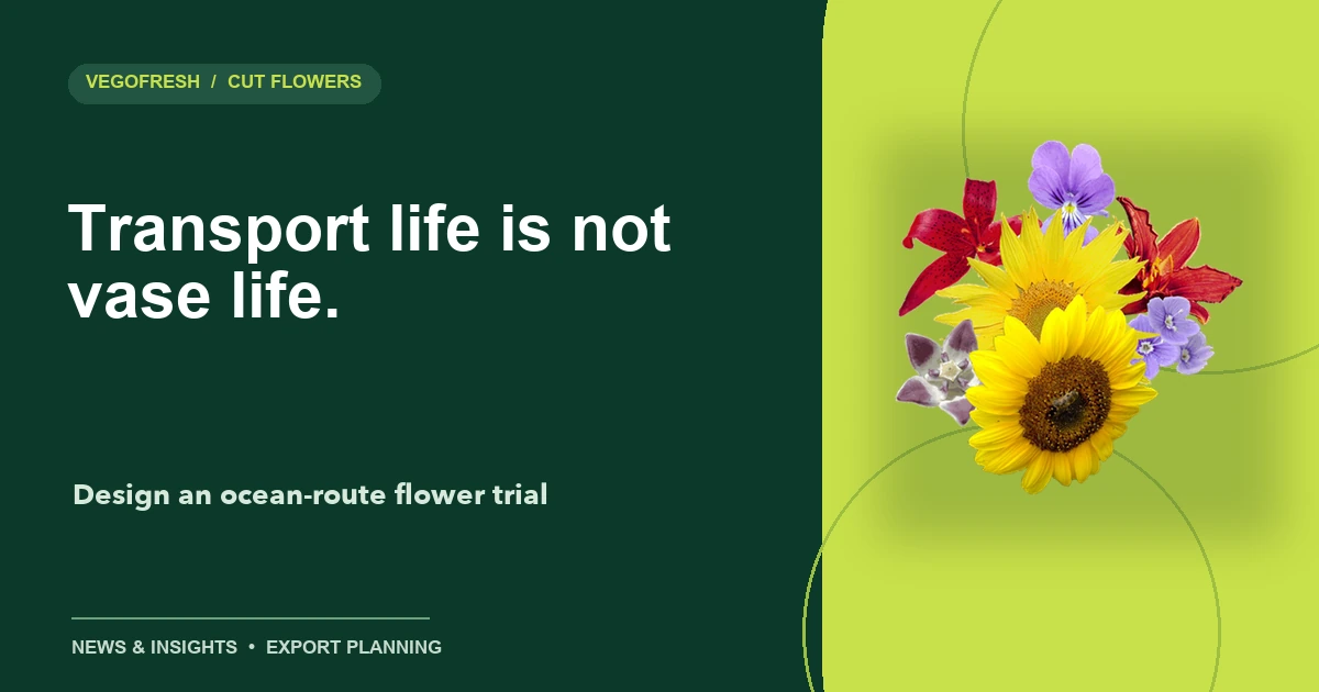 VegoFresh title card reading Transport life is not vase life with a cutout flower bouquet