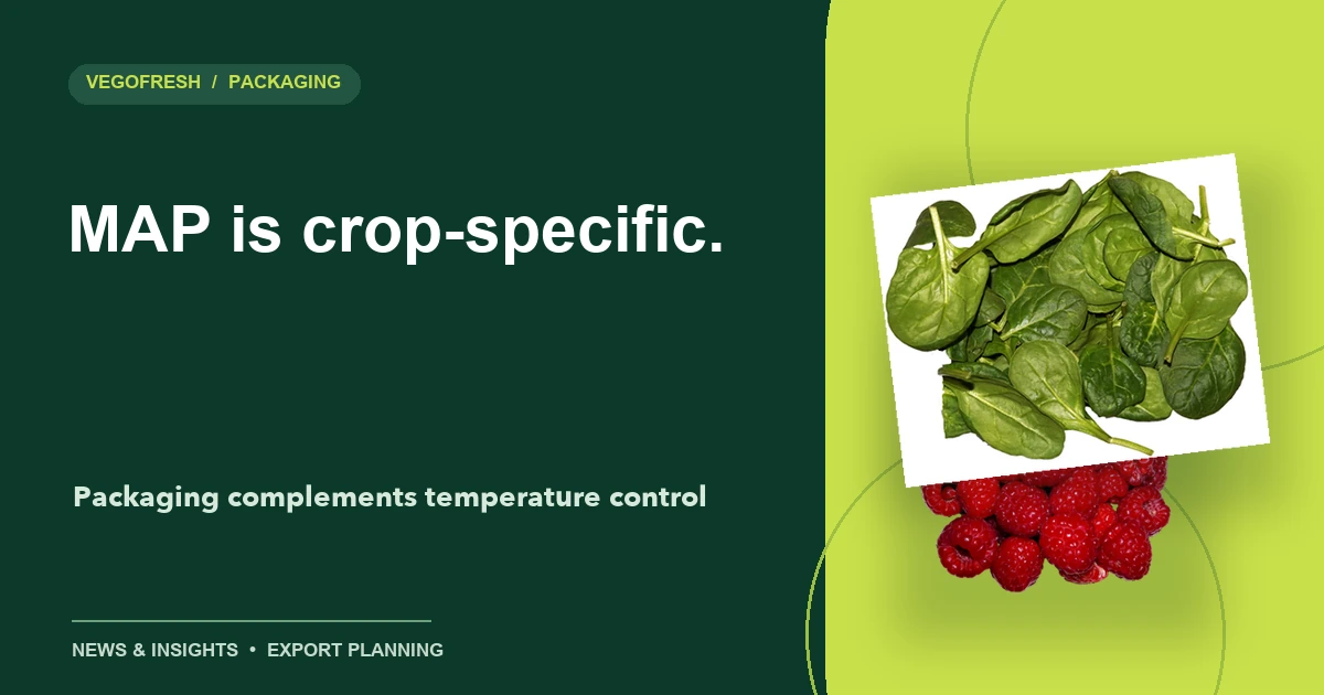 VegoFresh title card reading MAP is crop-specific with cutouts of spinach and raspberries